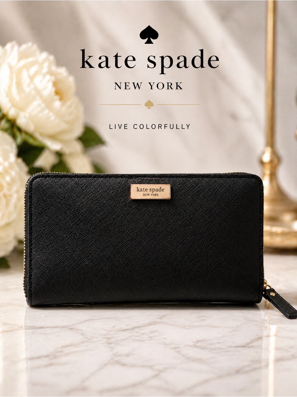 Kate Spade New York Black Leather Bifold Wallet ID Zip